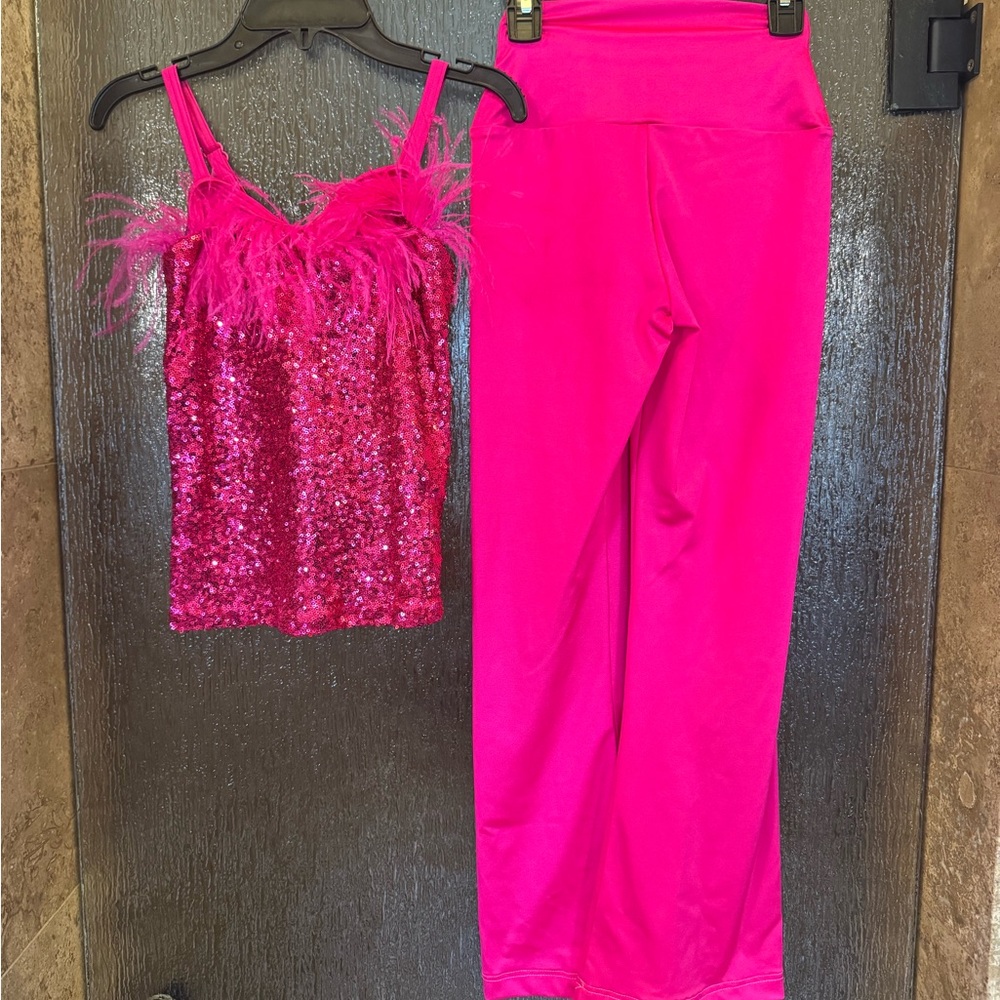 Pink Sequin Feather Top and Pants Set